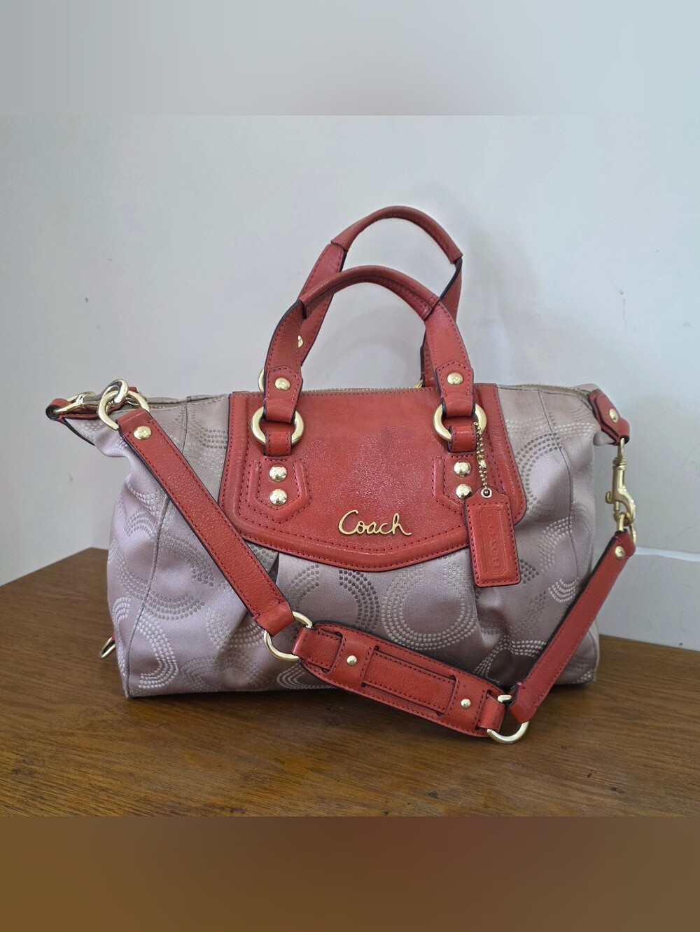 Coach Signature Sateen beige/brick red leather Shoulder/Satchel bag